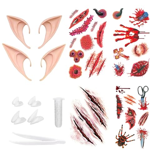 Vampirzähne Elfenohren Erwachsene, 12 Stück Halloween Kostüm Kit mit Vampirzähnen Gefälschte Zähne Gruselige Tattoos Perfekt für Cosplay und Mottopartys, Halloween Horror Party Zähne Vampirzähne Elfenohren Erwachsene, 12 Stück Halloween Kostüm Kit mit Vampirzähnen Gefälschte Zähne Gruselige Tattoos Perfekt für Cosplay und Mottopartys, Halloween Horror Party Zähne von ARROMI