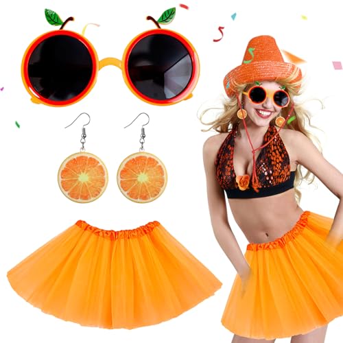 ARTGUTS Tüllrock Orange Damen Rock Orange Karneval Kostüm Damen,Karneval Kostüm Zubehör,Kurz Ballett Tutu 80er Jahre Outfit,Früchte Ohrringe,orangefarbene Sonnenbrille,Dance Dress Up Party Zubehör von ARTGUTS