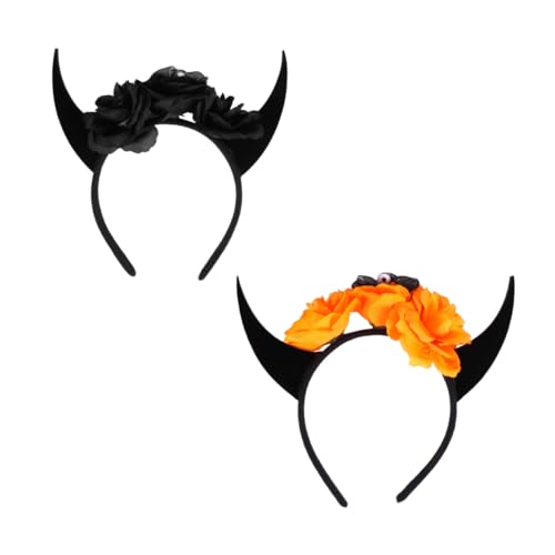 ARTSEWPLY 2 Stück Halloween Haarreif mit Teufelshörnern Schädel und Blumen Stabiles Leichtes Kopfband für Damen für Halloween Cosplay und Themenpartys von ARTSEWPLY