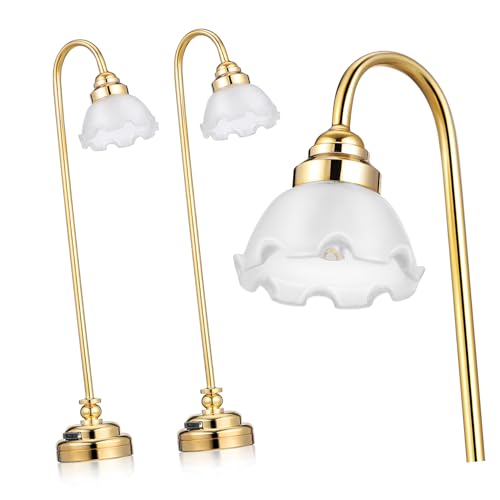 ARTSEWPLY 2 Stück Miniatur Tischlampe mit Gold Überzug und Floralem Lampenschirm Batteriebetrieben Warmes Licht Puppenhaus Zubehör Miniatur Möbel Beleuchtung von ARTSEWPLY