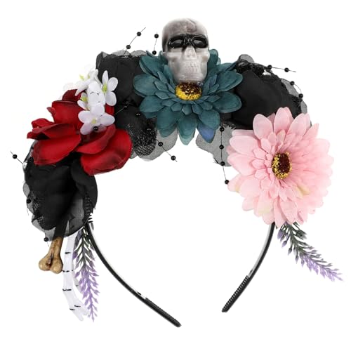 ARTSEWPLY Buntes Halloween Haarreif mit Realistischem Blumen und Totenkopfdesign für Halloween Kostüm Stirnband Dekoratives Haarschmuck Accessoire für Party und Fotoshootings von ARTSEWPLY