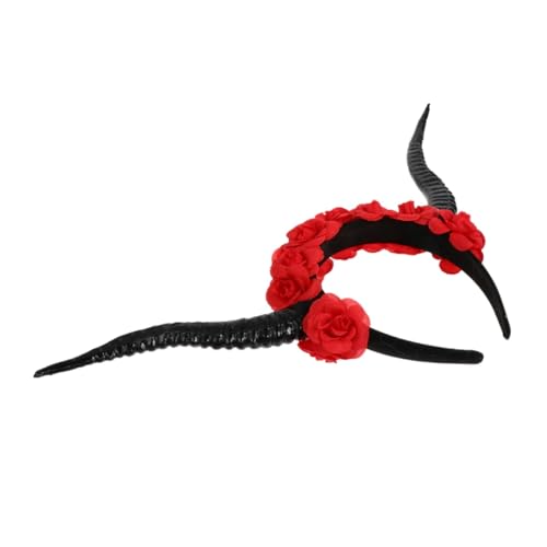 ARTSEWPLY Gothic Halloween Haarreif mit Roten Rosen und Schwarzen Antilopenhörnern Cosplay Stirnband für Party Fotoshooting Kostüm Mystisches Headpiece für Damen und Karneval von ARTSEWPLY