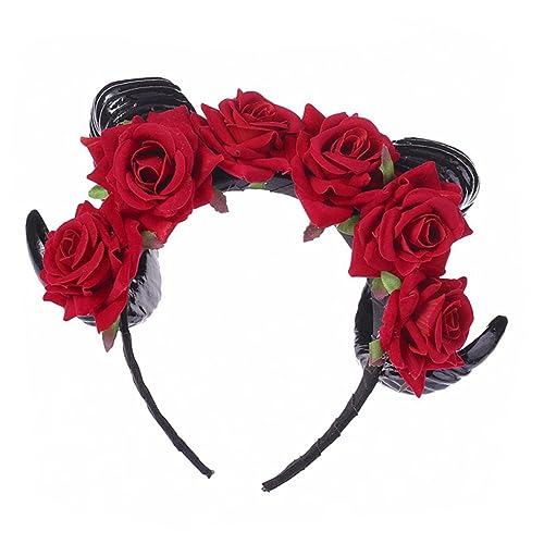 ARTSEWPLY Halloween Damen Haarreif mit Roten Samt Rosen und Schwarzen Hörnern Detailreiches Halloween Haarband für Kostüm Party und Cosplay Eleganter Kopfschmuck für Frauen von ARTSEWPLY