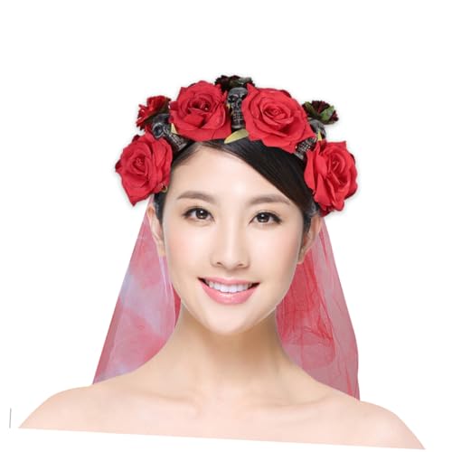 ARTSEWPLY Halloween Haarreif mit Totenkopf und Roten Rosen Stilvoller Haarschmuck für Damen und Bequemes Stoffmaterial für Halloween Kostüme und Cosplay Partys von ARTSEWPLY