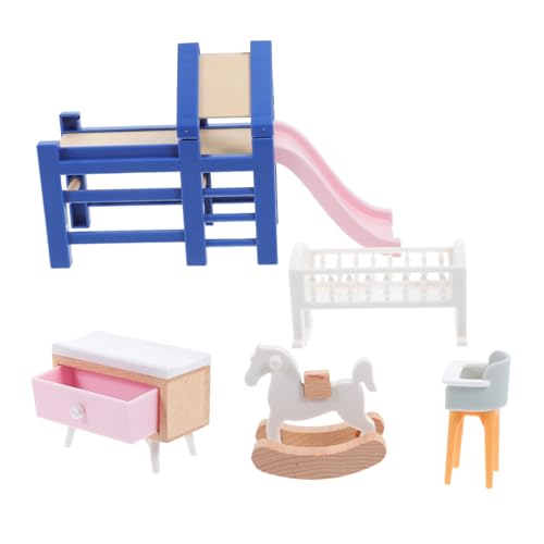 ARTSEWPLY Miniatur Puppenhaus Möbel Babybett mit Rutsche Schaukelpferd und Hocker Kompakt für Kinderzimmer für Kreatives Rollenspiel und Einfache Montage von ARTSEWPLY