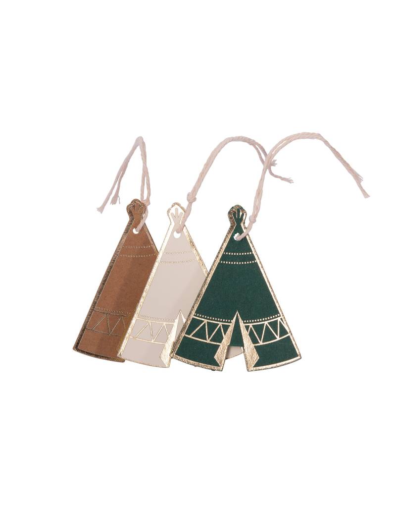 8 Geschenkanhänger Tipi Indian Forest Kraftpapier Grün Elfenbein Gold mit Kordel von ARTYFETES