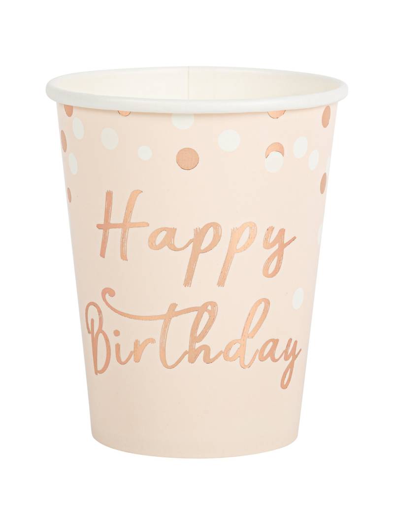 8 Pappbecher Happy Birthday rosa gold 255 ml von ARTYFETES