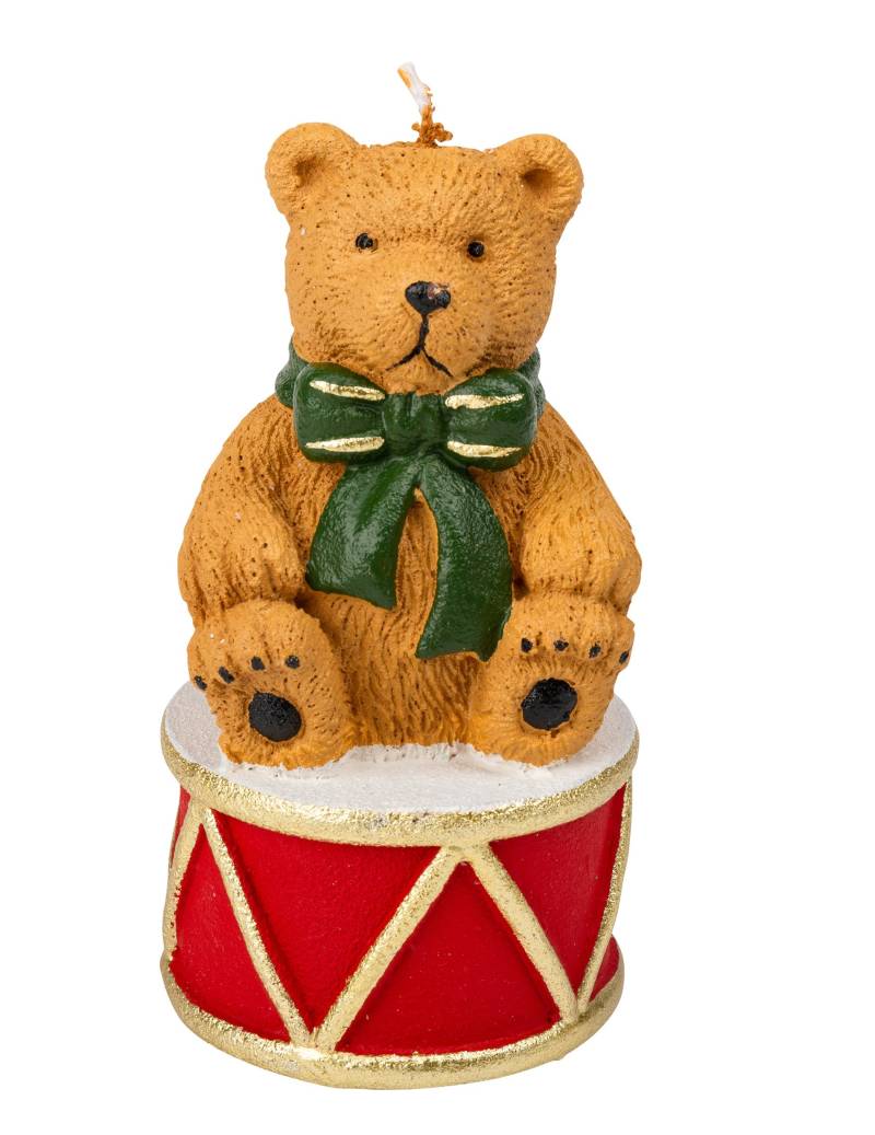 Bär auf Trommel-Kerze Weihnachts-Dekoration braun-rot-grün 11 x 6 cm von ARTYFETES