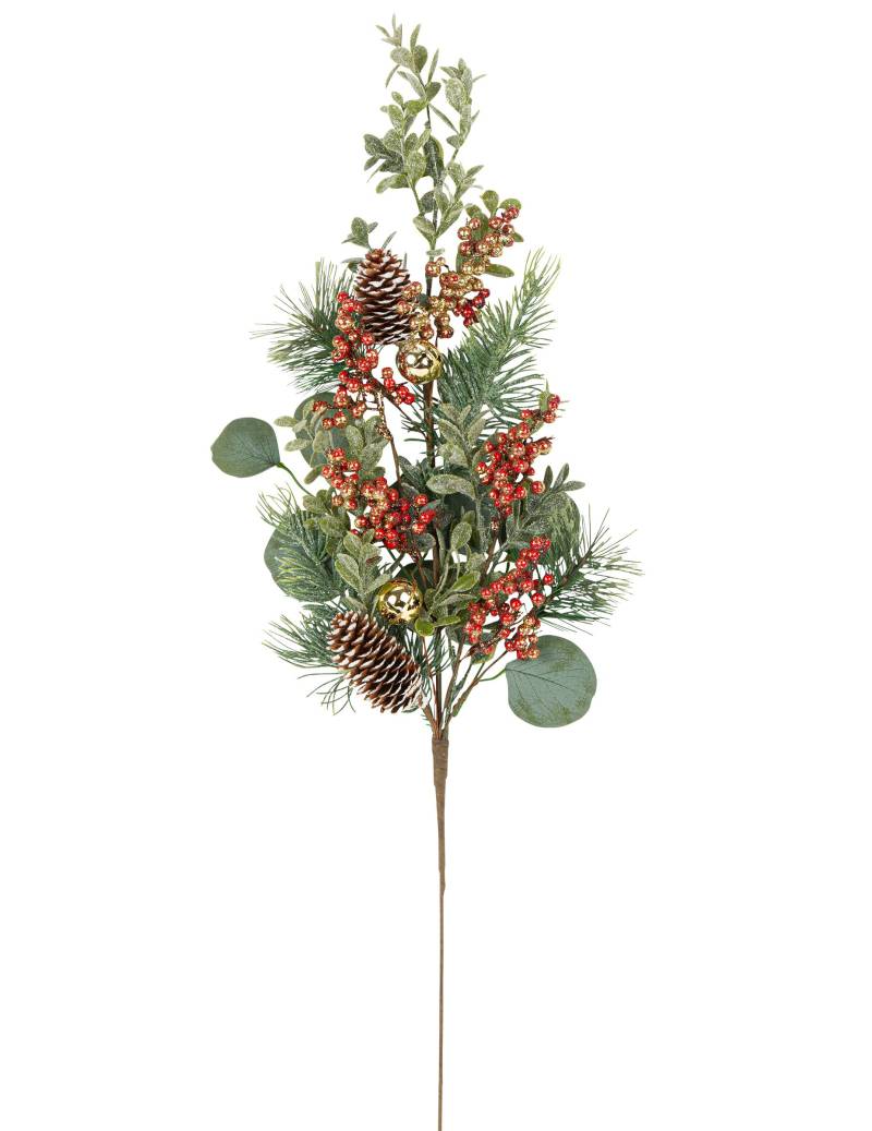 Eukalyptuszweig mit Beeren und Glocken Weihnachts-Tischdeko grün-rot-goldfarben 70 cm von ARTYFETES