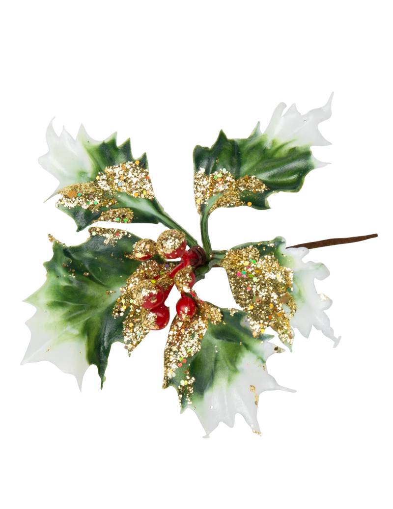 Stechpalme Deko-Zweig Weihnachten grün-gold-weiß 9 cm von ARTYFETES