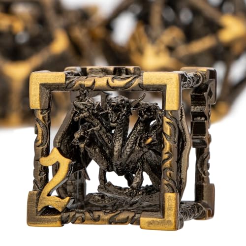ARUOHHA Hohles DND-Würfel-Set, Antikgold, 5-köpfige Drachen, D- und D-Würfel mit Geschenkbox, RPG-Rollenspiele, 7-teiliges Metall-Dungeon-Würfel-Set, polyedrisches Würfel-Set, D20, D12, D10, D8, D6 von ARUOHHA