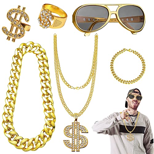 ASANMU Hip Hop Disco Kostüm Accessoires, 6 Stück Hip Hop Punk Kostüm Set Zeichen Goldkette Kit Punk Kostüm Set Ringe Sonnenbrille Goldkette Set 80er 90er Jahre Deko ASANMU Hip Hop Disco Kostüm Accessoires, 6 Stück Hip Hop Punk Kostüm Set Zeichen Goldkette Kit Punk Kostüm Set Ringe Sonnenbrille Goldkette Set 80er 90er Jahre Deko von ASANMU