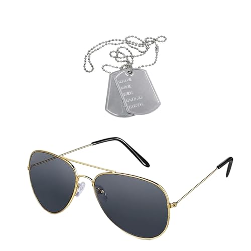 2 Stück Flieger Captain Kostüm Set Flieger Verkleidung Accessoires Sonnenbrille Fliegerbrille und Erkennungsmarke Kette Hundemarke Anhänger für Armee Militär Erwachsene Karneval Halloween Cosplay von ASFWAGQ