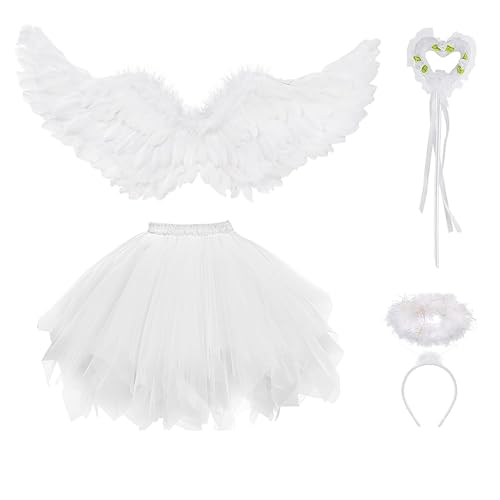 ASFWAGQ 4 Stück Engel Kostüm Damen Set Engelsflügel Weiß 80CM Engel Kostüm Damen Engels flügel Kostüm Tüllrock mit Heiligenschein Zauberstab für Halloween Karneval Cosplay Party von ASFWAGQ