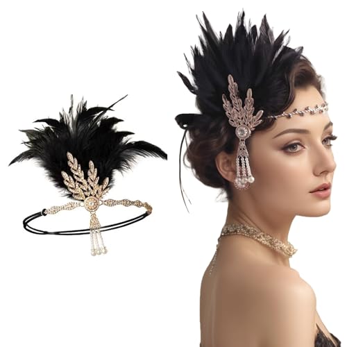 ASFWAGQ 1920s Stirnband Damen Gatsby Kostüm Accessoires 20er Jahre Accessoires Flapper Feder Kristalle Haarband für Karneval Fasching Kostüm Schwarz von ASFWAGQ