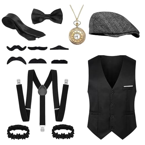 ASFWAGQ 20er Jahre Herren Accessoires, Mafia Karneval Kostüm Herren, 20er Jahre Accessoires, Panama Hut Vintage Taschenuhr, Fasching Kostüme Herren Hosenträger Kostüm Set Deko (M) von ASFWAGQ
