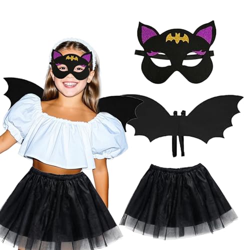 ASFWAGQ 3 Stück Fledermaus Kostüm Mädchen Fledermaus Flügel Halloween Kostüm mit Tutu Maske für Karneval Fasching Maskerade Cosplay Party (Schwarz) von ASFWAGQ