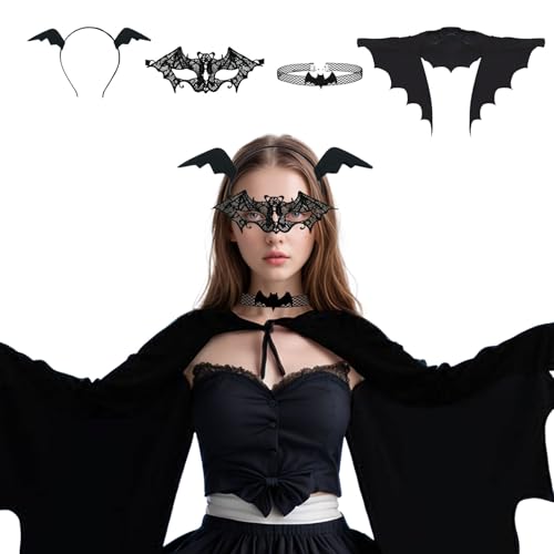 ASFWAGQ 4 Stück Fledermaus Kostüm Damen Umhang Faschingskostüme Fledermausflügel Erwachsene mit Maske Haarreif Halskette Set Karneval Party Outfit ASFWAGQ 4 Stück Fledermaus Kostüm Damen Umhang Faschingskostüme Fledermausflügel Erwachsene mit Maske Haarreif Halskette Set Karneval Party Outfit von ASFWAGQ