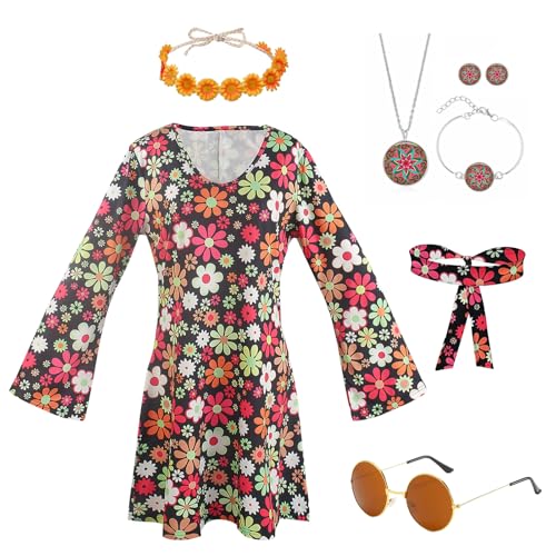 ASFWAGQ 6 Stück Hippie Kostüm Damen Set 60er 70er Kleid Hippie Kleidung Frauen Mädchen Disco Kleider 70er Jahre Bekleidung Damen Hippie Kostüm Damen Accessoires für Halloween Karneval Cosplay (L) von ASFWAGQ