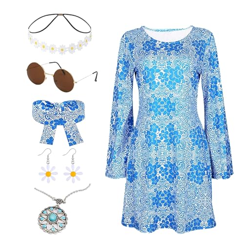 ASFWAGQ 60er 70er Jahre Bekleidung Damen Hippie Kostüm Damen Accessoires 70er kostüm Damen Kleid Disco Hippie Kleidung Damen Kostüm Flower 70er Mode Outfit karnevals Faschingskostüm (4XL) von ASFWAGQ