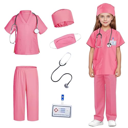 ASFWAGQ Arzt-Kostüm Krankenschwester Peelings mit Zubehör Halloween Cosplay Verkleiden Arzt Spielset für Jungen und Mädchen (Rosa, 110) von ASFWAGQ
