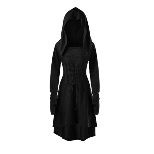 ASFWAGQ Gothic Kleid Damen Mittelalter Renaissance Kostüm Kapuzenkleid mit Schnürung Kleidung Damen Langarm Retro für Halloween Karneval Cosplay (Schwarz, L) von ASFWAGQ