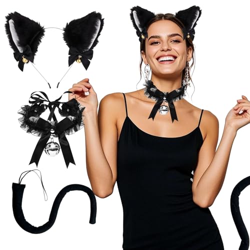 ASFWAGQ Katzenohren Haarreif Katzenkostüm Damen Cat Ears Costume Halsband mit Glöckchen Katzenschwanz und Katzenohren Halsband Cosplay Set Schwarz für Halloween Karneval Party von ASFWAGQ