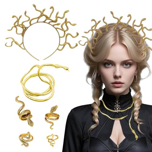 ASFWAGQ Medu-sa Schlangen Kopfschmuck Medu-sa Kostüm Zubehör Damen Schlangen Haarreif Haarschmuck Schlangen Halskette Schlangenring Medu-Sa Snake Headband für Halloween Karneval Kostüme Accessoires von ASFWAGQ