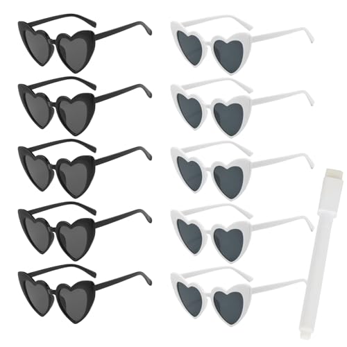 ASFWAGQ Personalisiertes Herz-Sonnenbrillen-Set in Weiß/Schwarz, ideal für Hochzeiten, JGA, Karneval und Mottopartys, inklusive Stift für kreative Deko-Ideen (10, Weiß und Schwarz) von ASFWAGQ