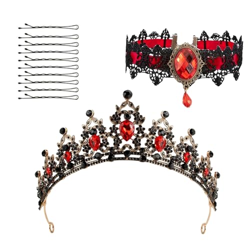 Barock Braut Kronen mit Gothic Halskette für Frauen Vintage Kristall Rot Strass Stirnband Tiara Rhinestone Glänzend Königin Prinzessin Princess Decoration für Halloween Karneval Hochzeit Geburtstag von ASFWAGQ