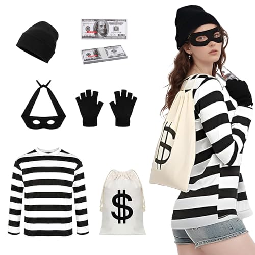 Erwachsene Frauen Räuber Kostüm Set Kostüm Dieb, Räuber, Verbrecher, Sträfling, Halloween und Faschingskostüme Sträfling Kostüm Damen mit Hut Hemd Maske Handschuhe Socken Tasche für Dress Up Cosplay von ASFWAGQ