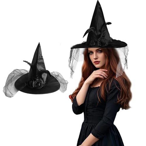 Hexen Kostüm Zubehör, Hexenhut für Frauen mit Schleier, Karnevalshut, Magischer Hexenhut Mit Federn und Netz-Design für Frauen Perfektes Zaubererhut Zubehör für Party, Cosplay, Karneval und Maskerade von ASFWAGQ