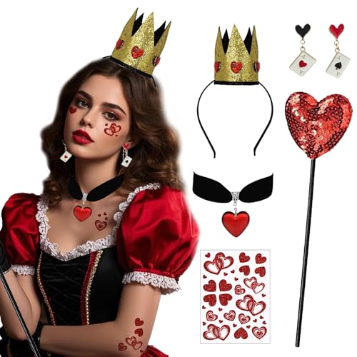 Königin Kostüm Zubehör Set mit Feenstab Rote Herz Halsketten Pokerkarten Ohrringe Rot Schwarz Gold Krone Stab Erwachsene Frauen Glitter Tattoo Aufkleber für Karneval Halloween Cosplay Geburtstag Königin Kostüm Zubehör Set mit Feenstab Rote Herz Halsketten Pokerkarten Ohrringe Rot Schwarz Gold Krone Stab Erwachsene Frauen Glitter Tattoo Aufkleber für Karneval Halloween Cosplay Geburtstag von ASFWAGQ