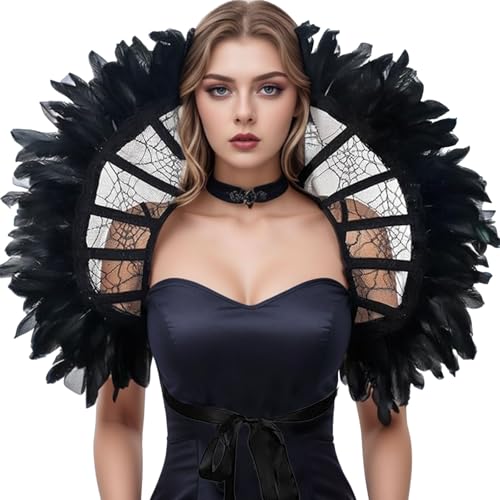 ASFWAGQ Spitzenkragen Feder Umhang Spitze Gothic Kostüm Federumhang Damen Stola Kragen Accessoire Viktorianisch Raben Kostüm für Halloween, Karneval, Karneval, Cosplay, Maskerade, Bühnenshow von ASFWAGQ
