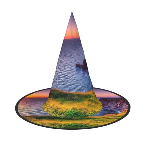 ASFgda Halloween Irland Sonnenuntergang Meereslandschaft Druck Hexenhüte für Frauen breite Krempe Faltbare Spitze Kappe für Halloween Party Kostüm Zubehör von ASFgda