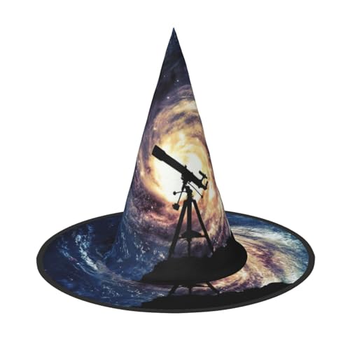 ASFgda Halloween-Weltraum-Galaxie mit Teleskop-Druck, Hexenhüte für Damen, breite Krempe, faltbar, spitz, Kappe für Halloween-Party, Kostümzubehör von ASFgda