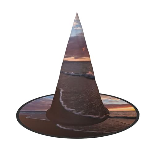 ASFgda Hexenhüte für Damen, Motiv: Halloween, Strand, Sonnenuntergang, breite Krempe, faltbar, spitz, für Halloween-Party, Kostümzubehör von ASFgda