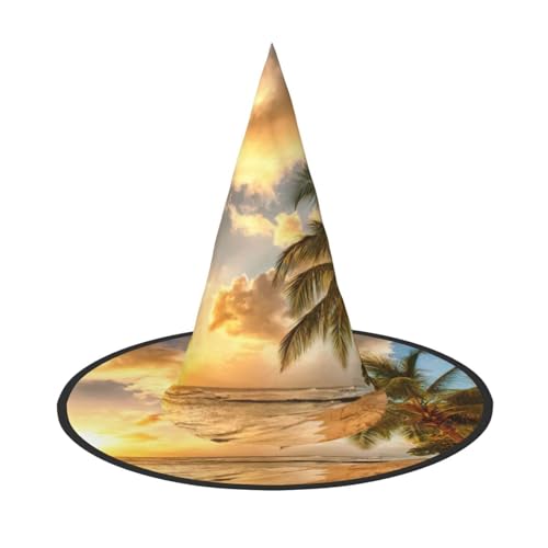 ASFgda Hexenhüte für Damen, Motiv: Halloween-Sonnenuntergang, hawaiianische Palme, breite Krempe, faltbar, spitz, für Halloween-Party, Kostümzubehör von ASFgda