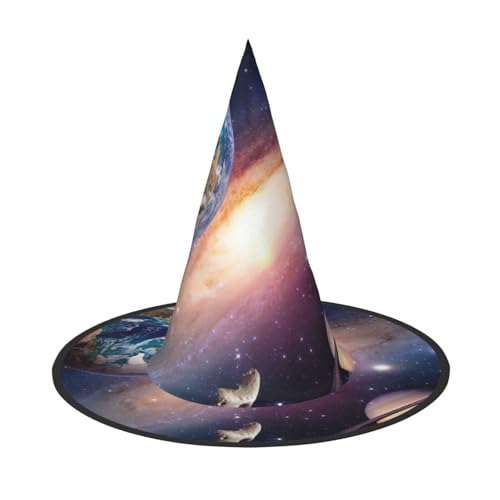 ASFgda Hexenhüte für Damen, Motiv: Halloween-Universum, Planeten-Druck, breite Krempe, faltbar, spitz, für Halloween-Party, Kostümzubehör von ASFgda