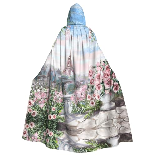 ASFgda Mittelalterlicher Umhang mit Kapuze, Pariser Eiffelturm mit Blumendruck, Renaissance-Umhang, Unisex, mit Kapuze, Halloween, Weihnachten, Kostüme, Party-Umhang von ASFgda