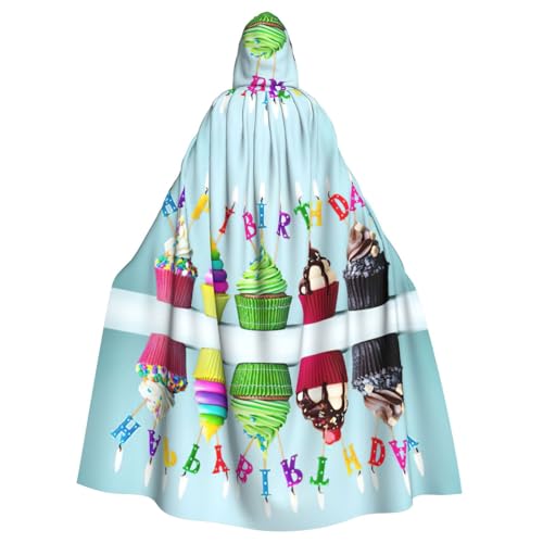 ASFgda Mittelalterlicher Umhang mit Kapuze, bunt, "Happy Birthday"-Cupcakes-Druck, Renaissance-Umhang, Unisex, mit Kapuze, Halloween, Weihnachten, Kostüme, Party-Umhang von ASFgda