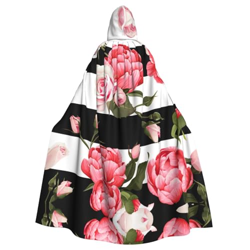ASFgda Mittelalterlicher Umhang mit Kapuze, schwarz-weiß gestreift, Blumendruck, Renaissance-Umhang, Unisex, mit Kapuze, Halloween, Weihnachten, Kostüme, Party-Umhang von ASFgda