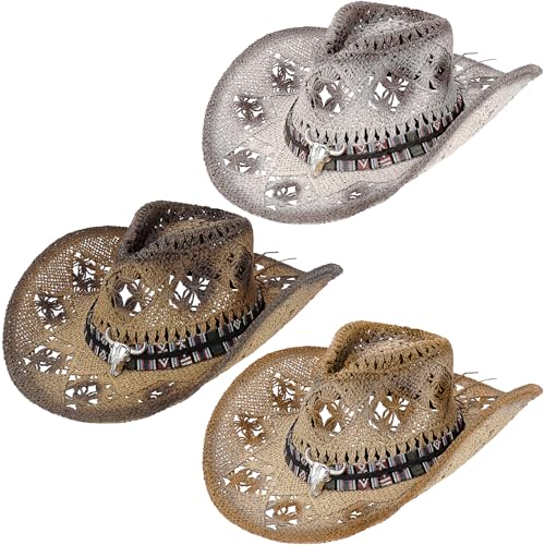 3 Stück Western Outback Cowboyhut Bulk, Erwachsene Cowgirlhut mit breiter Krempe, verstellbare Strohhüte für Damen und Herren, Cowboyhüte für Fasching, Junggesellinnenabschied, Geburtstag von ASMIZ