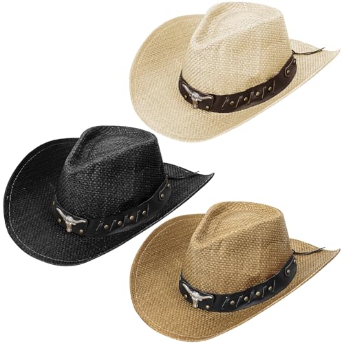 3 Stück Western Outback Cowboyhut Bulk, Erwachsene Cowgirlhut mit breiter Krempe, verstellbare Strohhüte für Damen und Herren, Cowboyhüte für Fasching, Junggesellinnenabschied, Geburtstag von ASMIZ