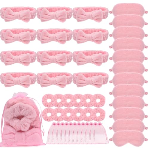 48-teiliges Spa Party Set für Mädchen – Rosa Sleepover Zubehör mit 12 Spa Stirnbändern, 12 Flauschigen Schlafmasken, 12 Samt-Haargummis & 12 Organza-Beuteln – Wellness Mitgebsel für Übernachtungsparty von ASMIZ