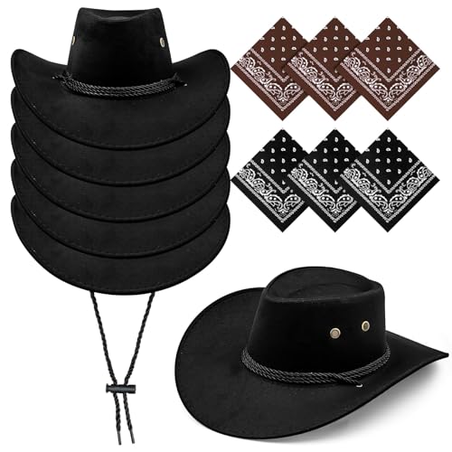 ASMIZ 6 Stück schwarze Cowboyhüte und Bandanas Set, Cowgirl-Hut mit verstellbarem Kordelzug, Westernkostüm für Party, Bühnenauftritt von ASMIZ