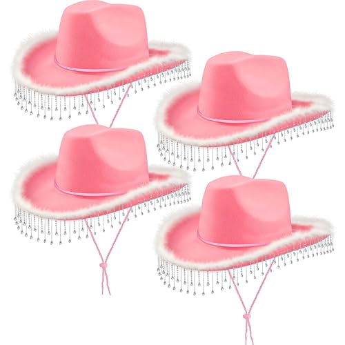 Cowboyhut für Damen, Cowboyhut für Erwachsene, Cowboyhut für Fasching, Cowboy-Party-Hüte für zukünftige Braut, Geschenk, Halloween-Kostüm, Junggesellinnenabschied (Feder-Cowboyhut), 4 Stück von ASMIZ
