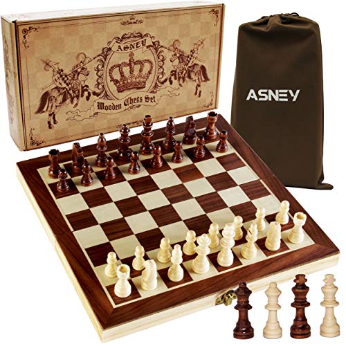 ASNEY Das Eskalierte Magnetische Schachspiel Holz mit Der Größe von 12 "x 12"，auch mit Faltbarem Spielbrett, Enthält Einen Lagerraum und Extra auch Figuren für König und Königin owie Set-TaschSe von ASNEY