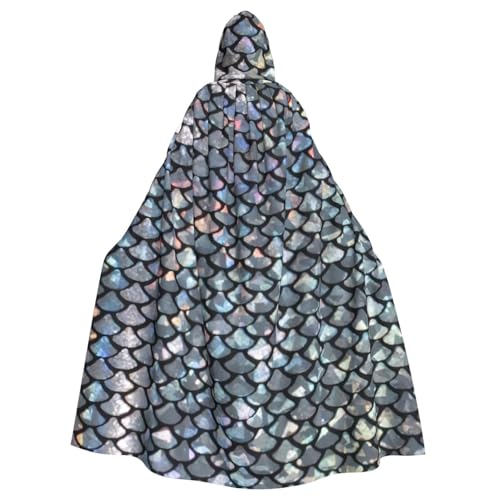 ASSORT Silberfarbener Fischschuppen-Umhang mit Kapuze, Hexenmantel für Halloween, Cosplay und Vampirparty von ASSORT
