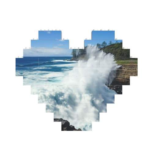 Meereswellen-Landschaftsdruck, Baustein-Puzzle, herzförmig, personalisierbar, Valentinstagsgeschenke von ASSORT